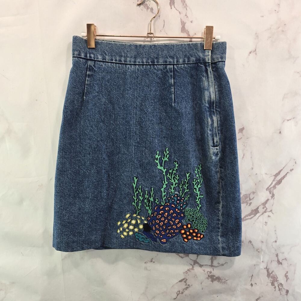 & Other Stories Skirt Womens 6 Small Denim Jean Marine Sea Ocean Coral Embroider